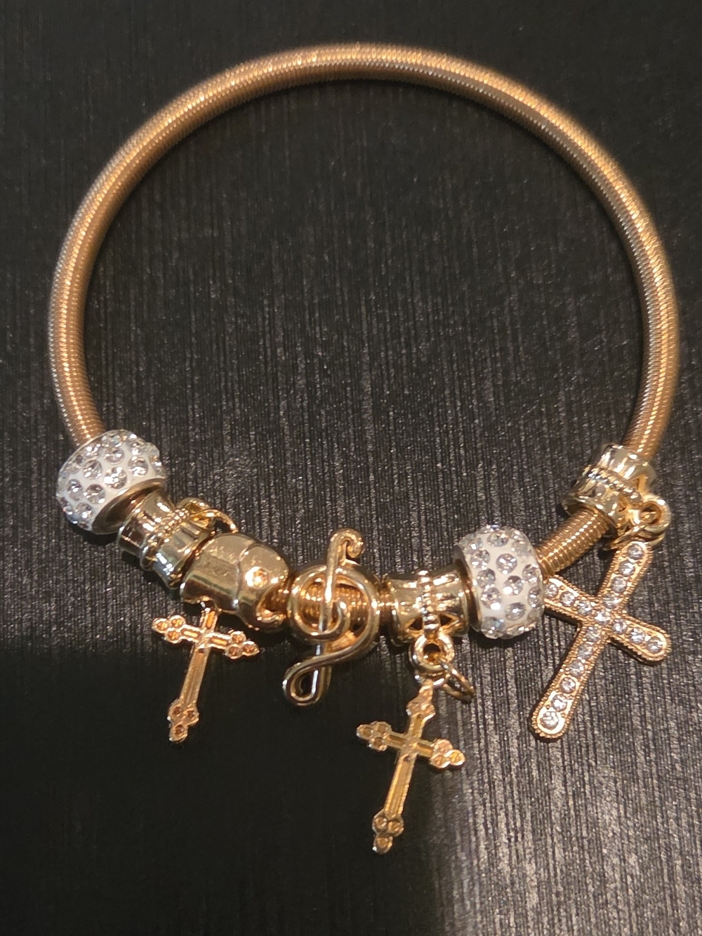 Gold-Tone Cross & Treble Clef Charm Bracelet with Crystal Accents
